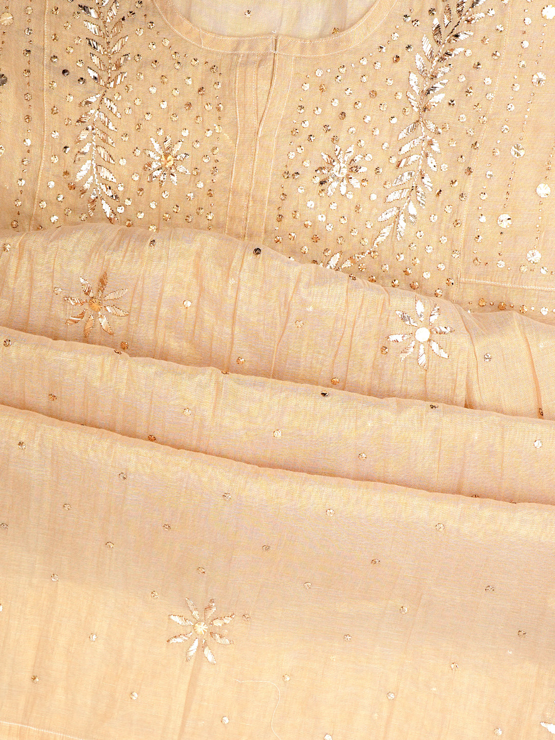 Ada Hand Embroidered Fawn Tissue Semi-Stitched A-line Kurta Dupatta Set With Muqaish/Mukaish Work 01A970302