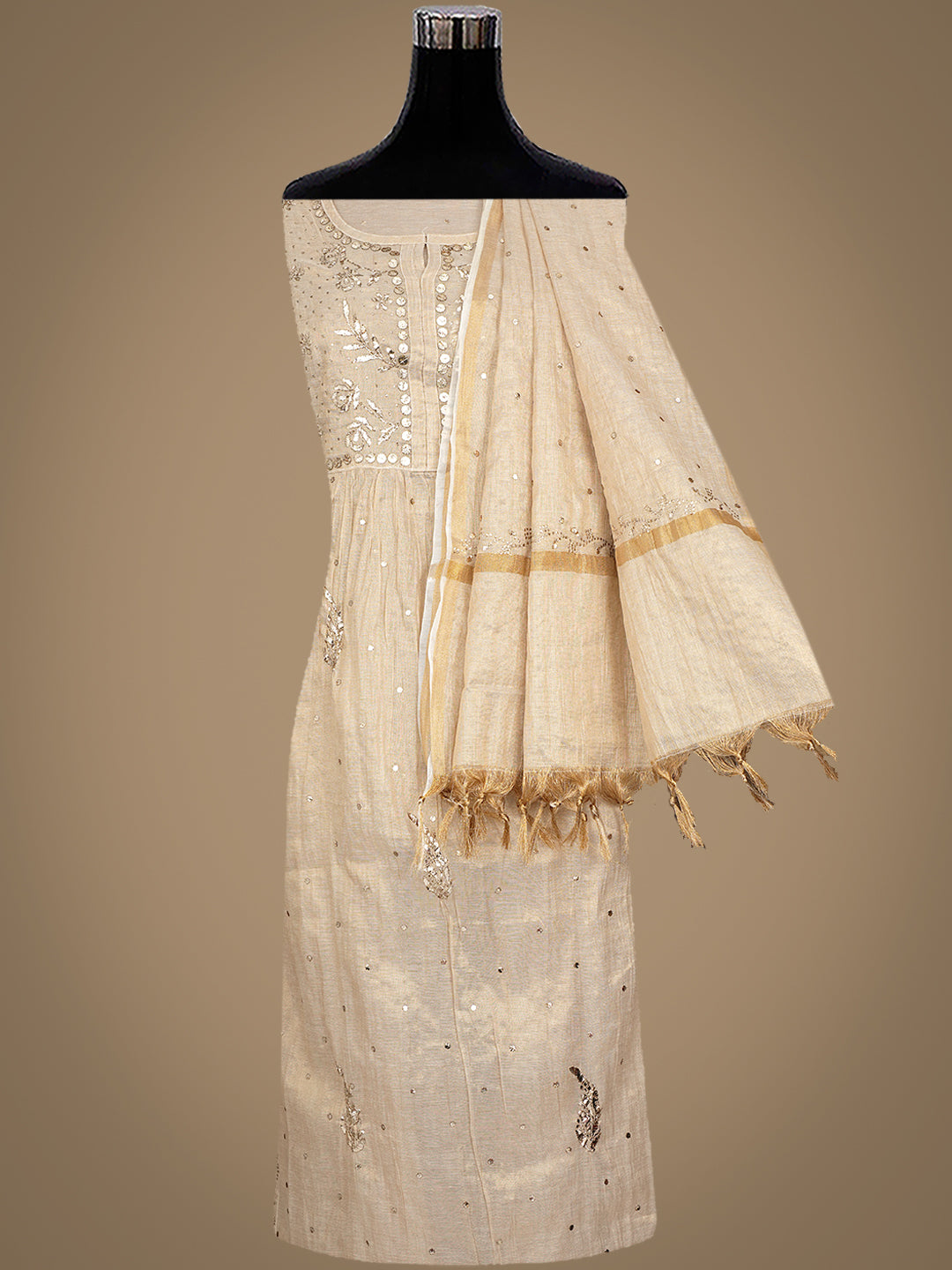 Ada Hand Embroidered Fawn Tissue Semi-Stitched A-line Kurta Dupatta Set With Muqaish Work 01A947831