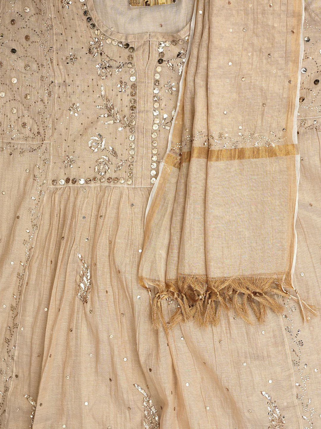 Ada Hand Embroidered Fawn Tissue Semi-Stitched A-line Kurta Dupatta Set With Muqaish Work 01A947831
