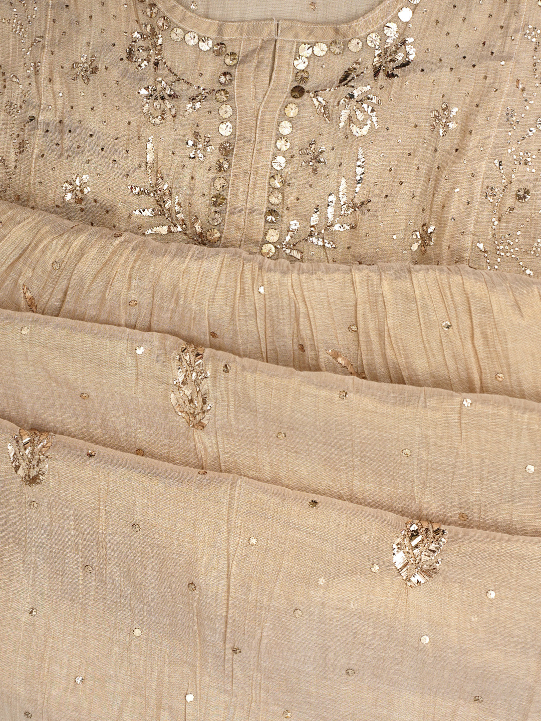 Ada Hand Embroidered Fawn Tissue Semi-Stitched A-line Kurta Dupatta Set With Muqaish Work 01A947831