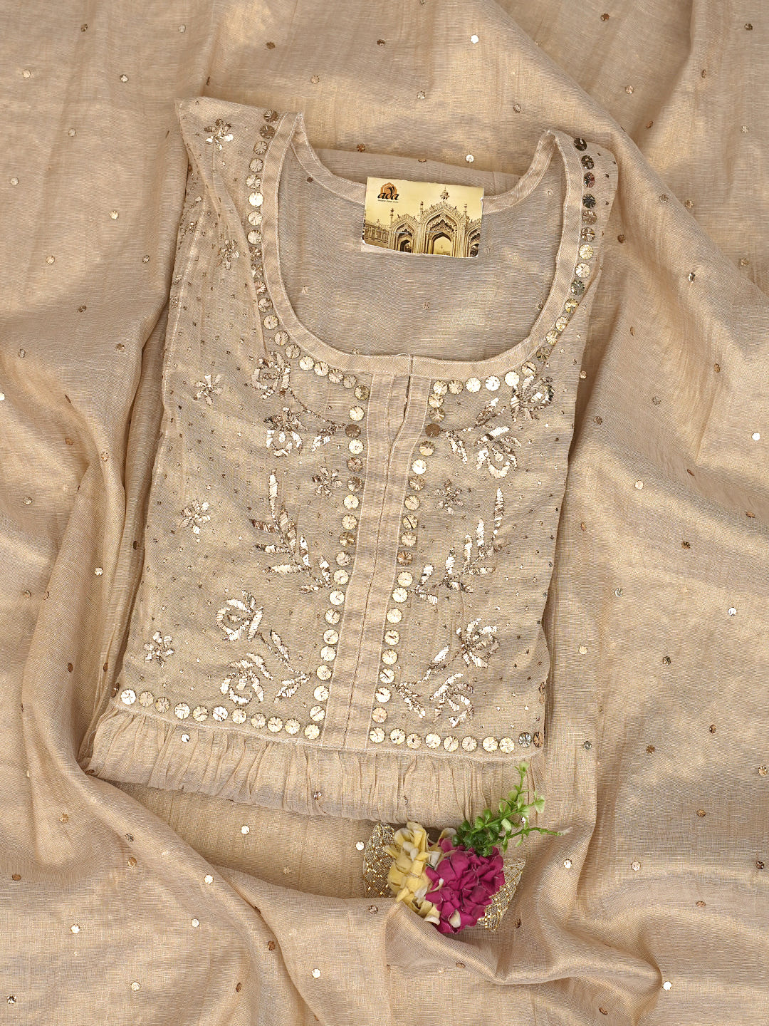 Ada Hand Embroidered Fawn Tissue Semi-Stitched A-line Kurta Dupatta Set With Muqaish Work 01A947831