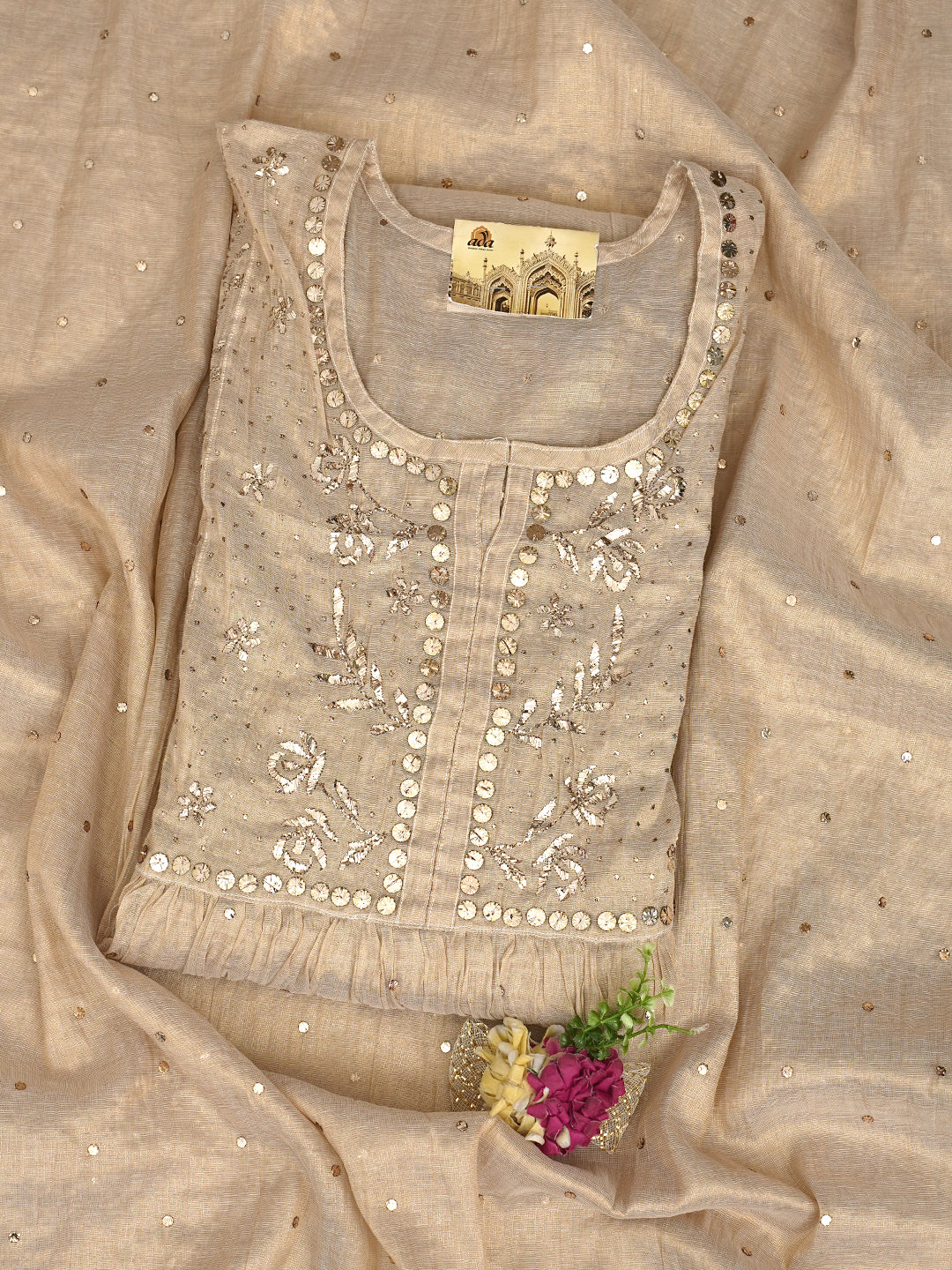Ada Hand Embroidered Fawn Tissue Semi-Stitched A-line Kurta Dupatta Set With Muqaish Work 01A947831