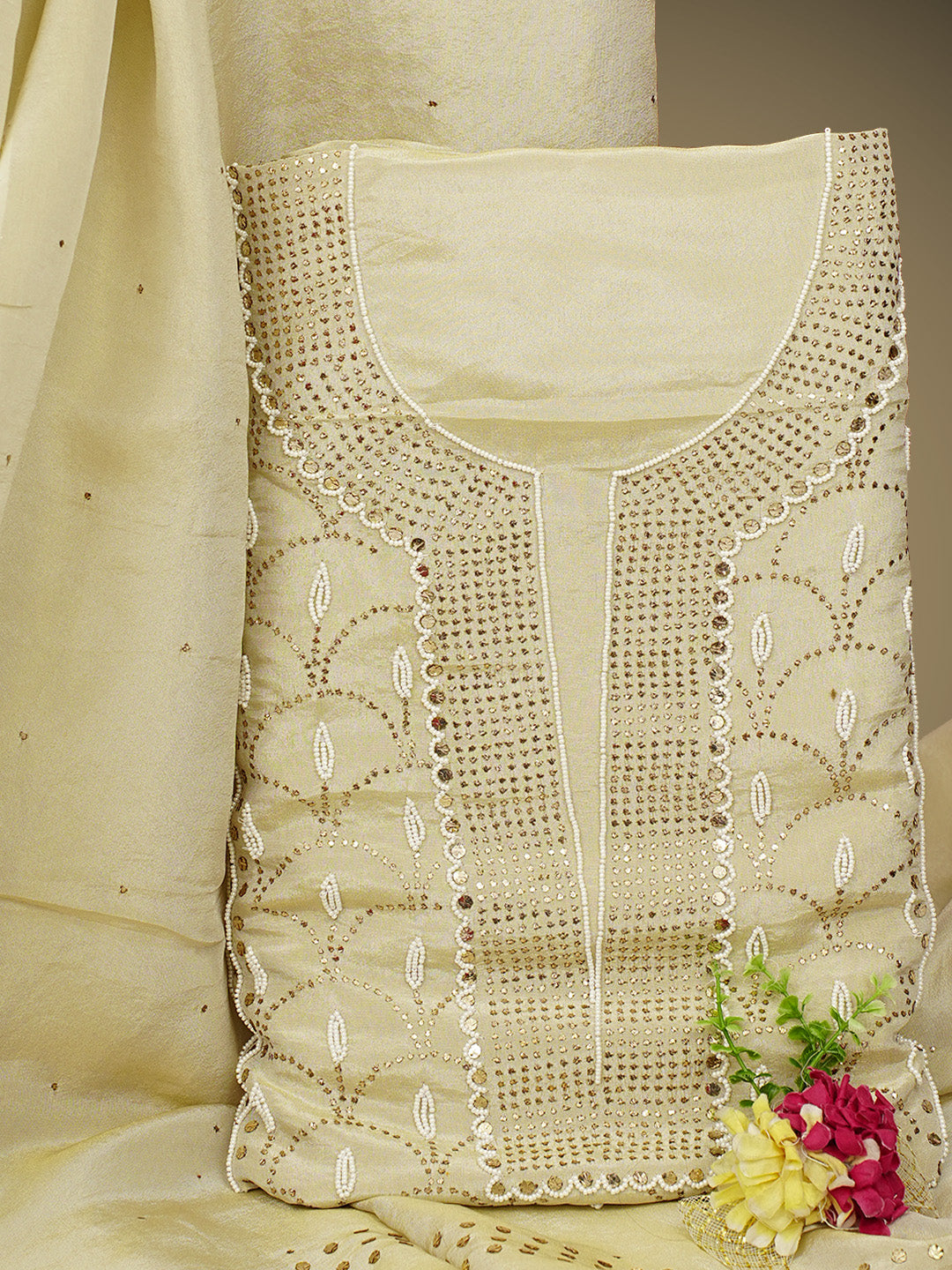 Ada Hand Embroidered Fawn Tissue Unstitched Kurta Dupatta Set With Muqaish/Mukaish Work 01A972634