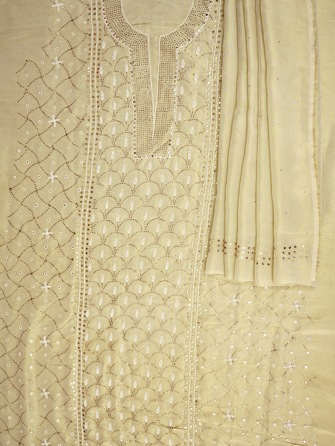 Ada Hand Embroidered Fawn Tissue Unstitched Kurta Dupatta Set With Muqaish/Mukaish Work 01A972634