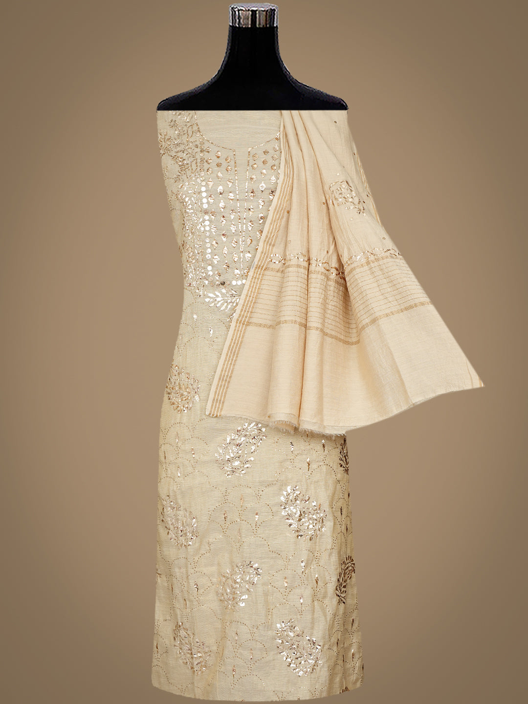 Ada Hand Embroidered Fawn Tissue Unstitched Kurta Dupatta With Muqaish/Mukaish Work 01A972580