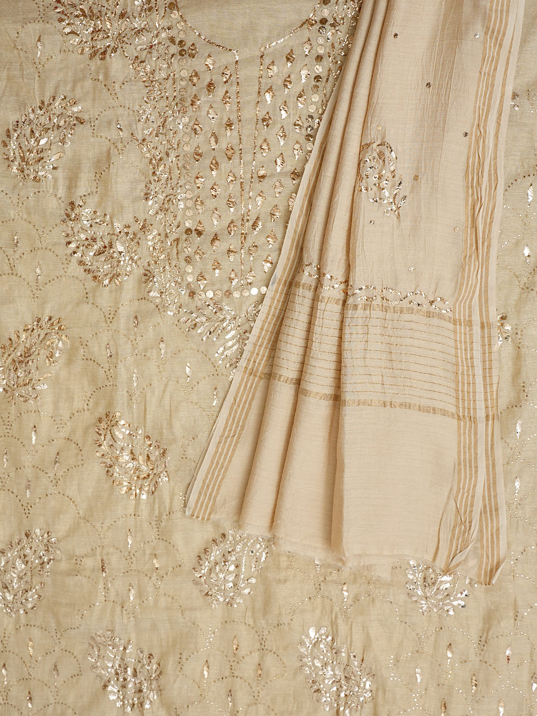 Ada Hand Embroidered Fawn Tissue Unstitched Kurta Dupatta Set With Muqaish/Mukaish Work 01A972580
