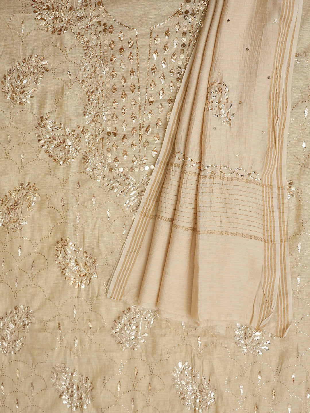 Ada Hand Embroidered Fawn Tissue Unstitched Kurta Dupatta With Muqaish/Mukaish Work 01A972580