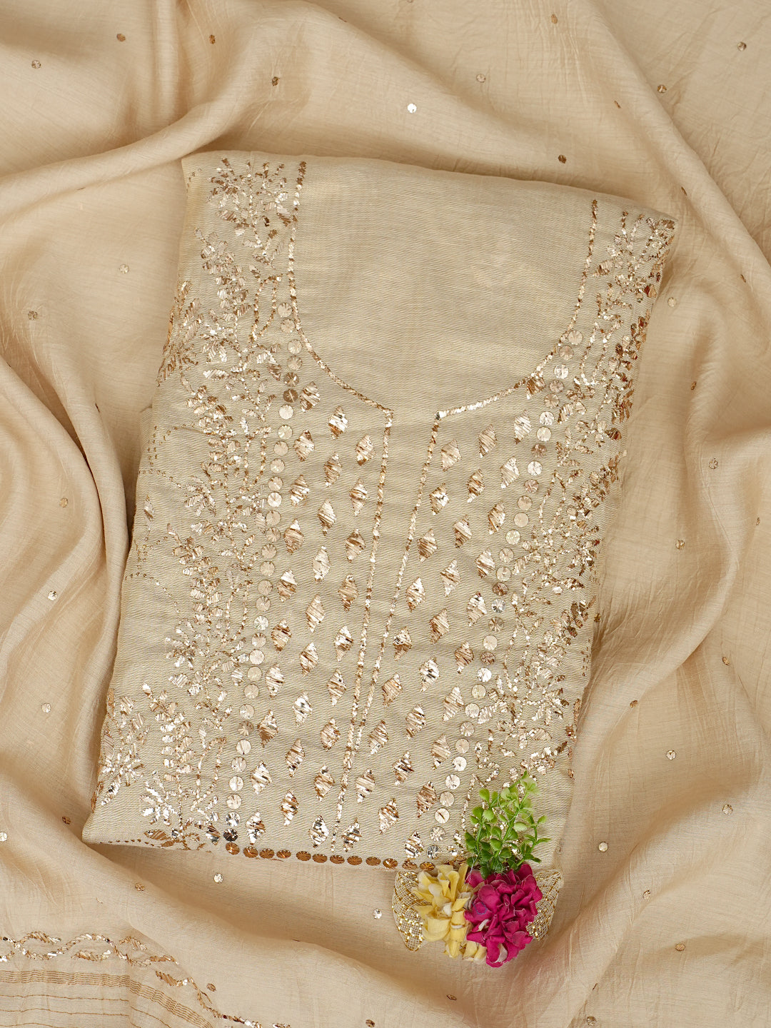 Ada Hand Embroidered Fawn Tissue Unstitched Kurta Dupatta With Muqaish/Mukaish Work 01A972580