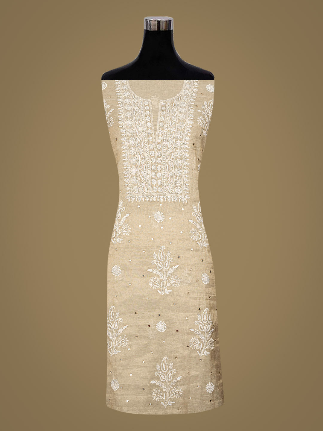 Ada Hand Embroidered Fawn Tissue Unstitched Lucknowi Chikankari Kurta Dupatta Set With Cutdana Work 01A977610