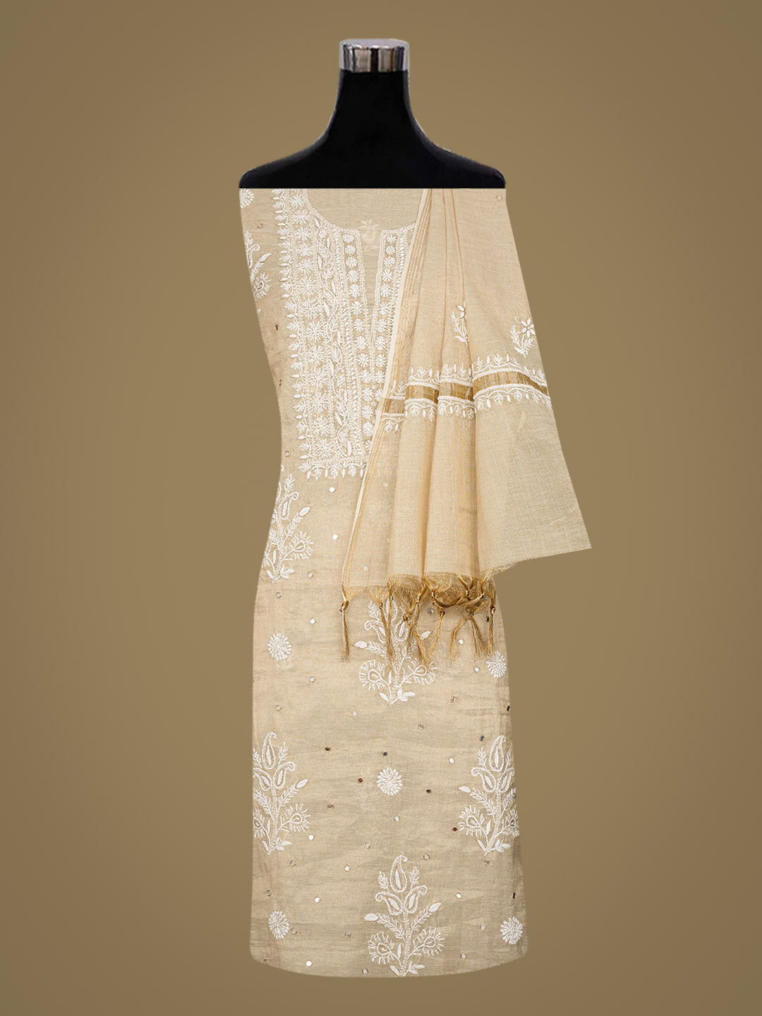 Ada Hand Embroidered Fawn Tissue Unstitched Lucknowi Chikankari Kurta Dupatta Set With Cutdana Work 01A977610
