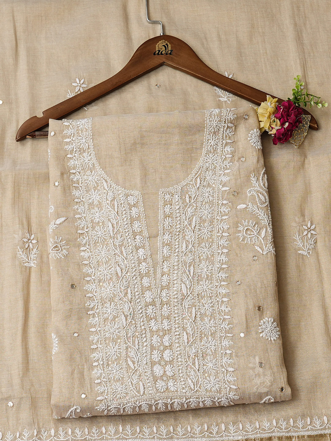 Ada Hand Embroidered Fawn Tissue Unstitched Lucknowi Chikankari Kurta Dupatta Set With Cutdana Work 01A977610