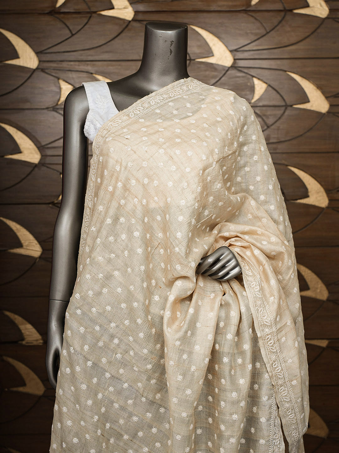 Ada Hand Embroidered Fawn Tussar Lucknowi Chikankari Dupatta 07A500973