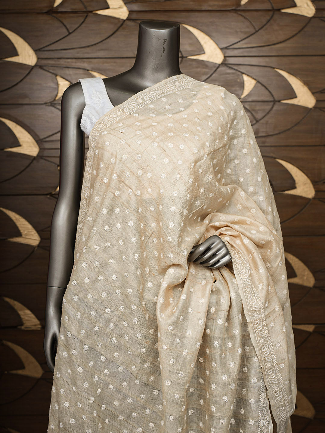Ada Hand Embroidered Fawn Tussar Lucknowi Chikankari Dupatta 07A500973