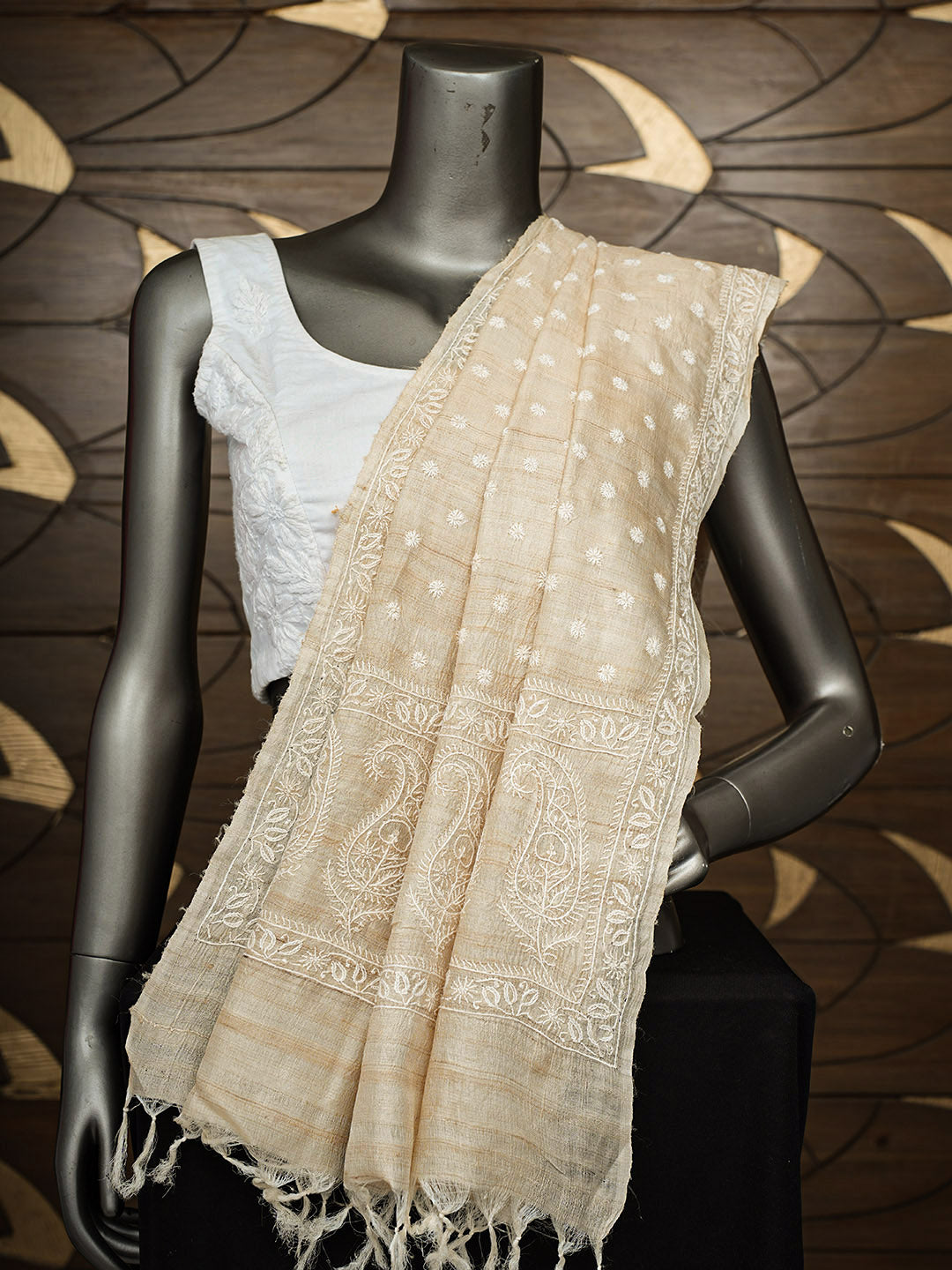 Ada Hand Embroidered Fawn Tussar Lucknowi Chikankari Dupatta 07A500973