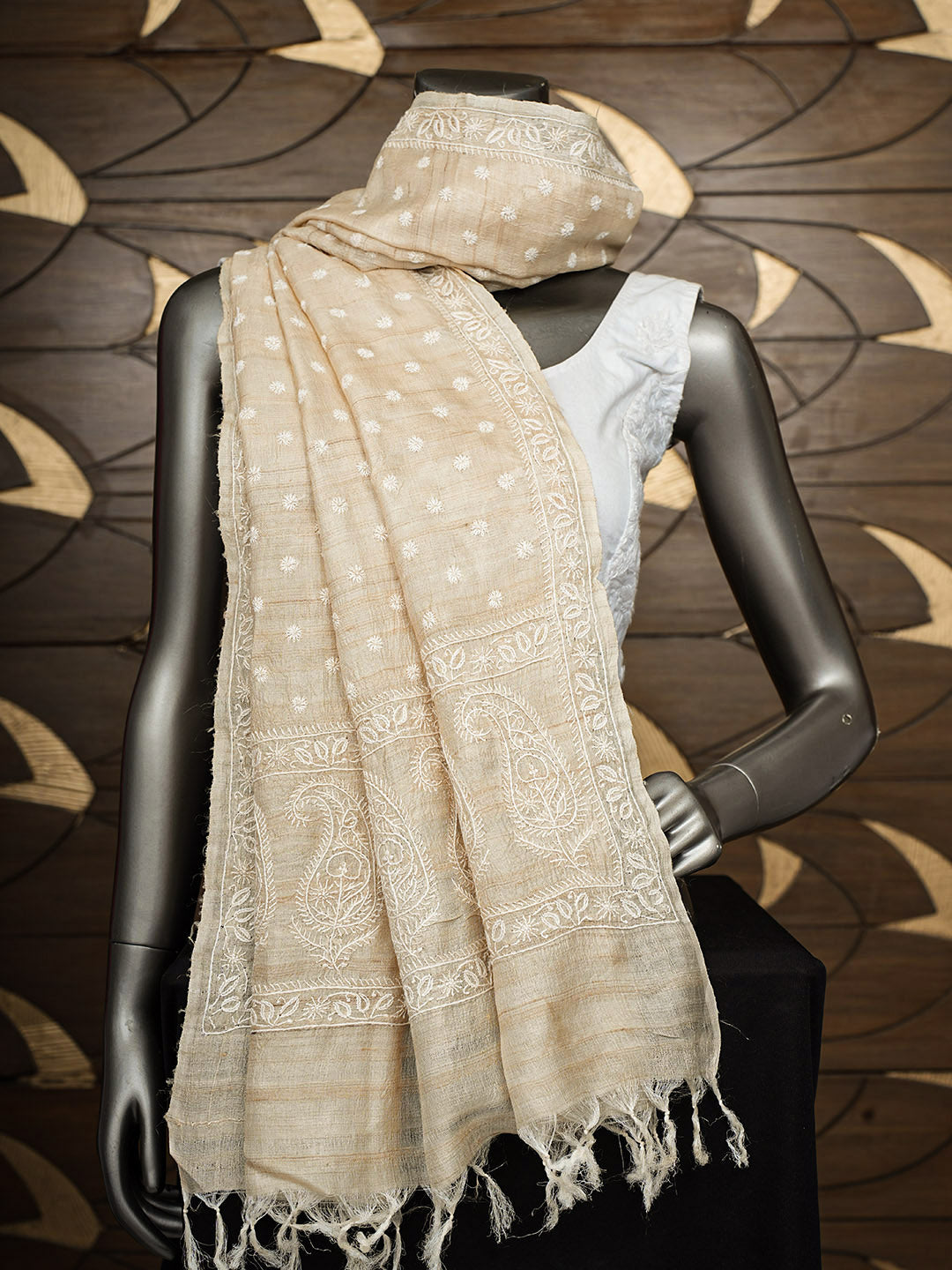 Ada Hand Embroidered Fawn Tussar Lucknowi Chikankari Dupatta 07A500973