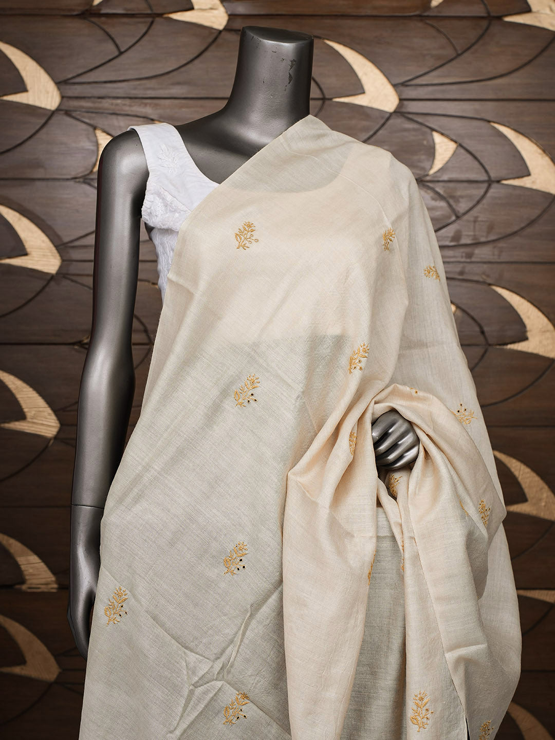 Ada Hand Embroidered Fawn Tussar Lucknowi Chikankari Dupatta 07A501826