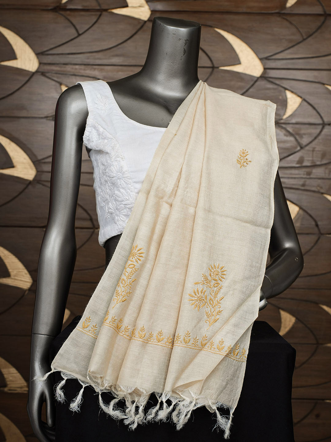 Ada Hand Embroidered Fawn Tussar Lucknowi Chikankari Dupatta 07A501826