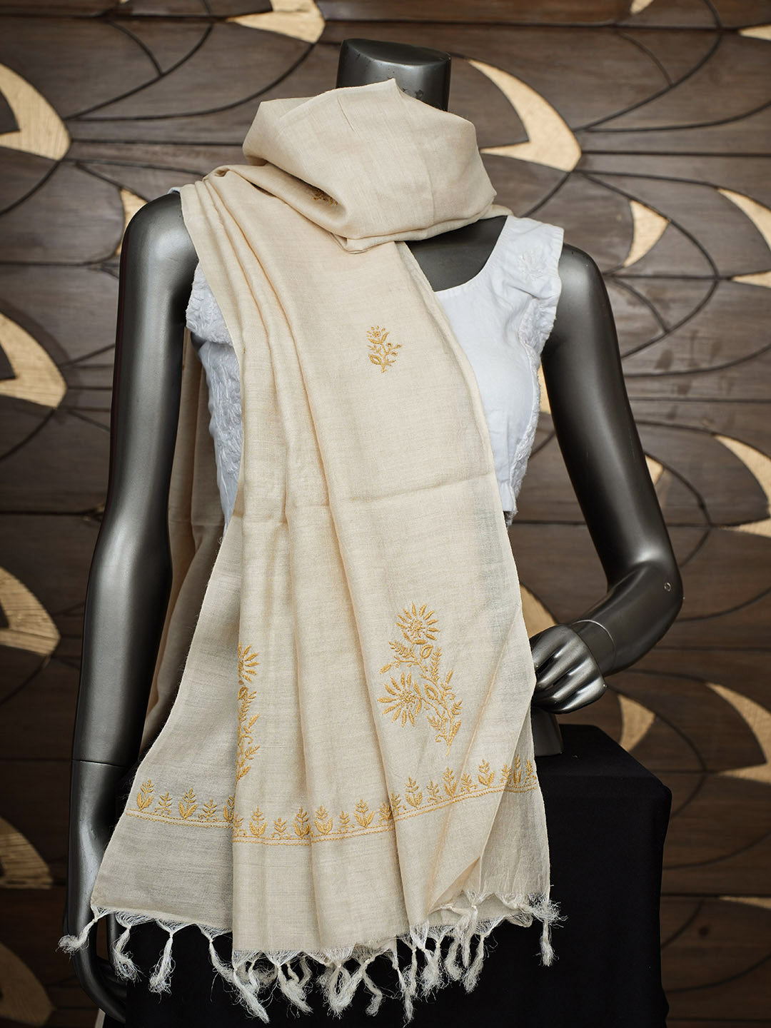 Ada Hand Embroidered Fawn Tussar Lucknowi Chikankari Dupatta 07A501826