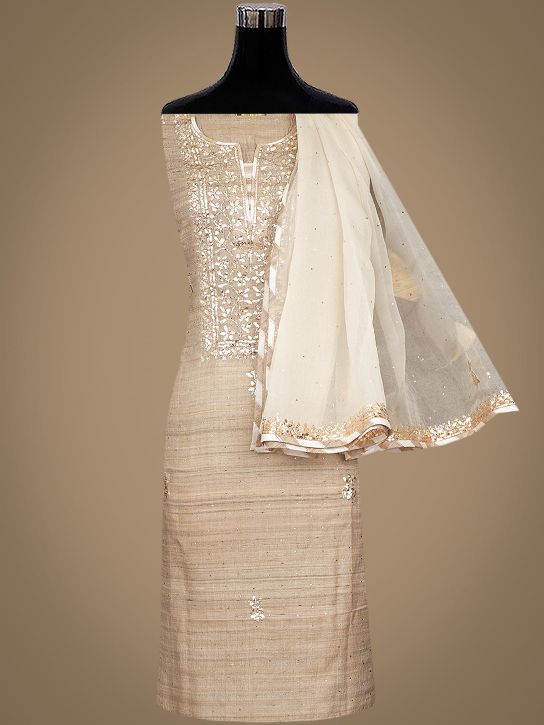 Ada Hand Embroidered Fawn Tussar Silk Semi Stitched Kurta Dupatta Set With Muqaish/Mukaish Work 01A992079