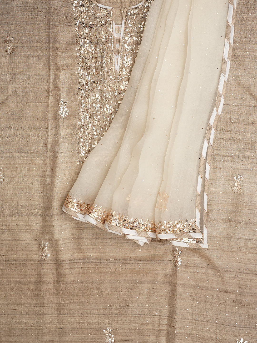 Ada Hand Embroidered Fawn Tussar Silk Semi Stitched Kurta Dupatta Set With Muqaish/Mukaish Work 01A992079