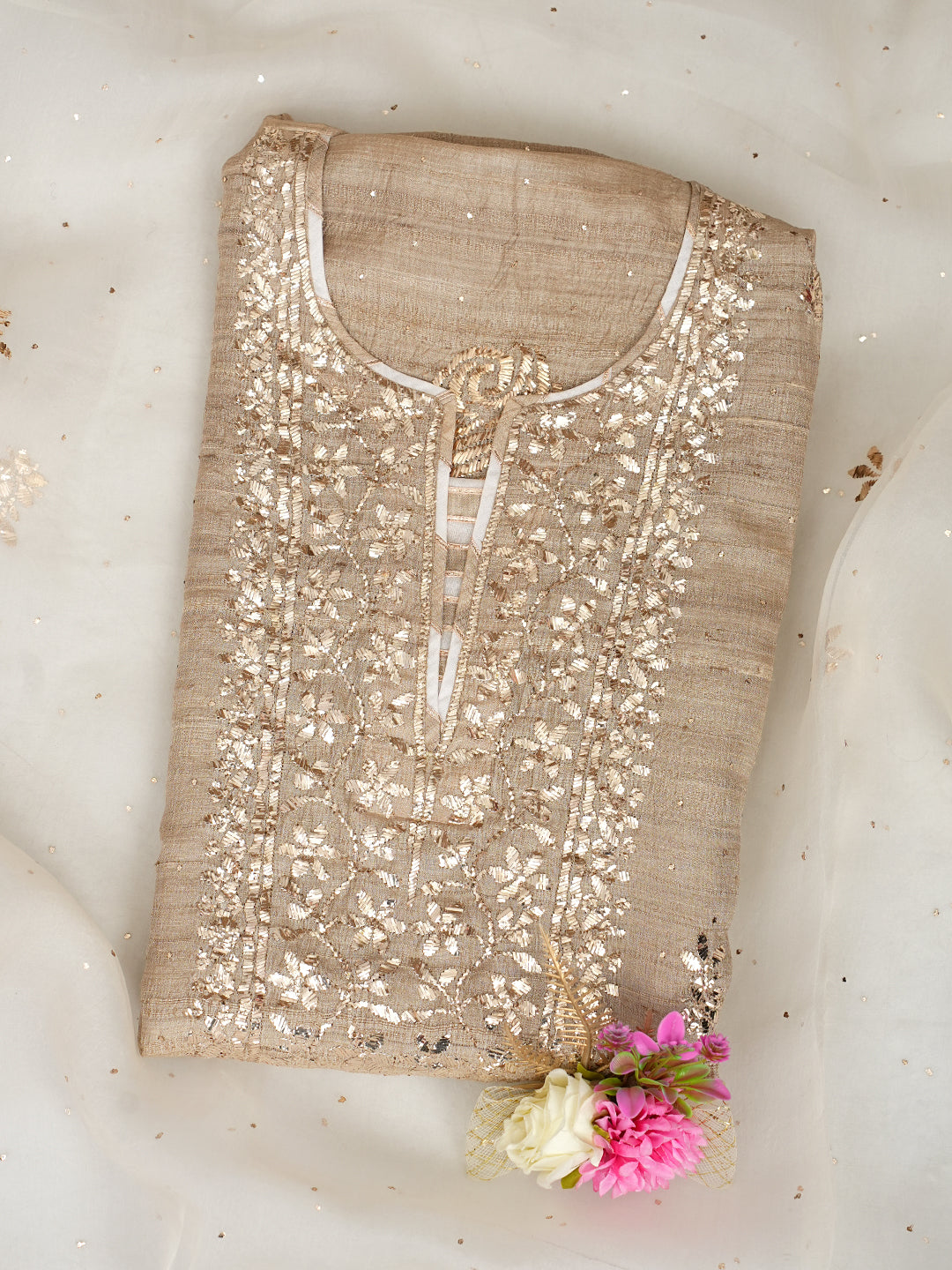 Ada Hand Embroidered Fawn Tussar Silk Semi Stitched Kurta Dupatta Set With Muqaish/Mukaish Work 01A992079