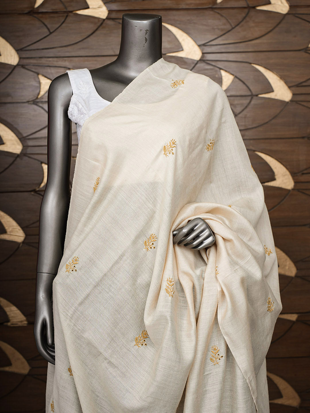 Ada Hand Embroidered Fawn Tusser Silk Lucknowi Chikankari Dupatta 07A500723