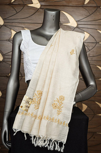 Ada Hand Embroidered Fawn Tusser Silk Lucknowi Chikankari Dupatta 07A500723