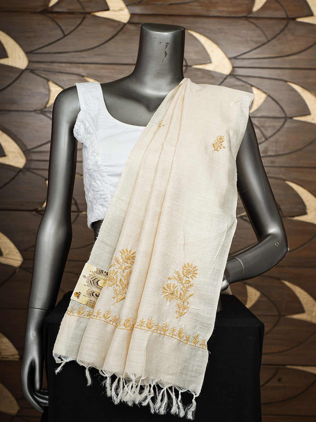 Ada Hand Embroidered Fawn Tusser Silk Lucknowi Chikankari Dupatta 07A500723