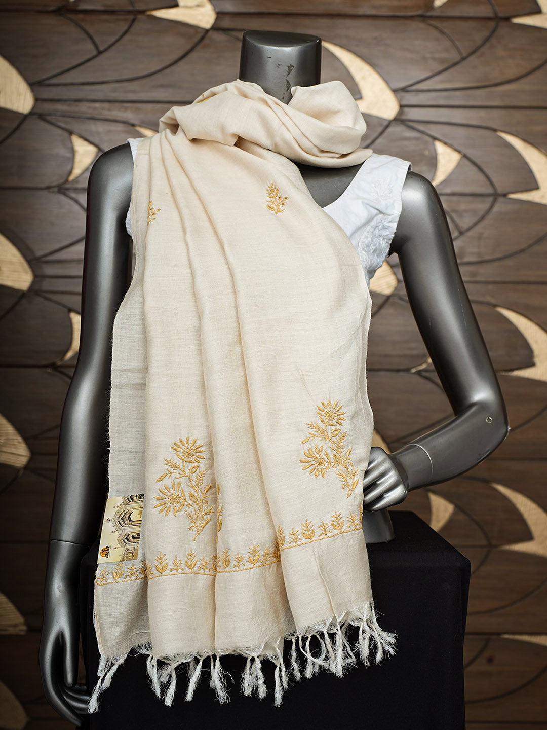 Ada Hand Embroidered Fawn Tusser Silk Lucknowi Chikankari Dupatta 07A500723