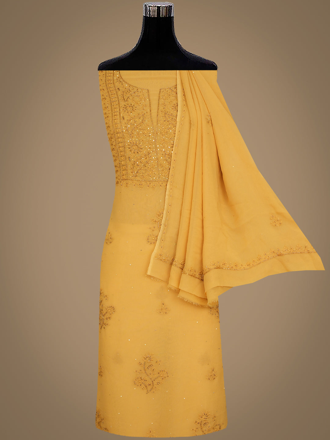 Ada Hand Embroidered Fawn Viscose Georgette Lucknowi Chikankari Unstitched Kurta Dupatta Set With Cutdana Work 01A810395