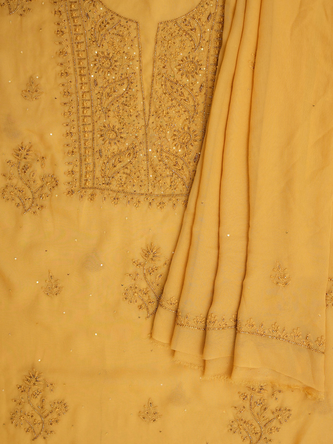 Ada Hand Embroidered Fawn Viscose Georgette Lucknowi Chikankari Unstitched Kurta Dupatta Set With Cutdana Work 01A810395