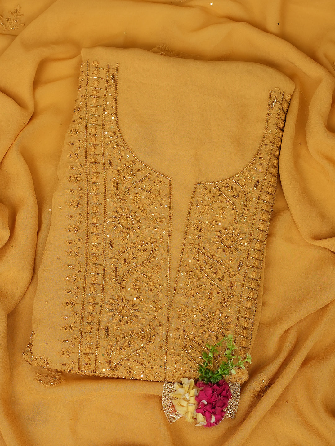 Ada Hand Embroidered Fawn Viscose Georgette Lucknowi Chikankari Unstitched Kurta Dupatta Set With Cutdana Work 01A810395