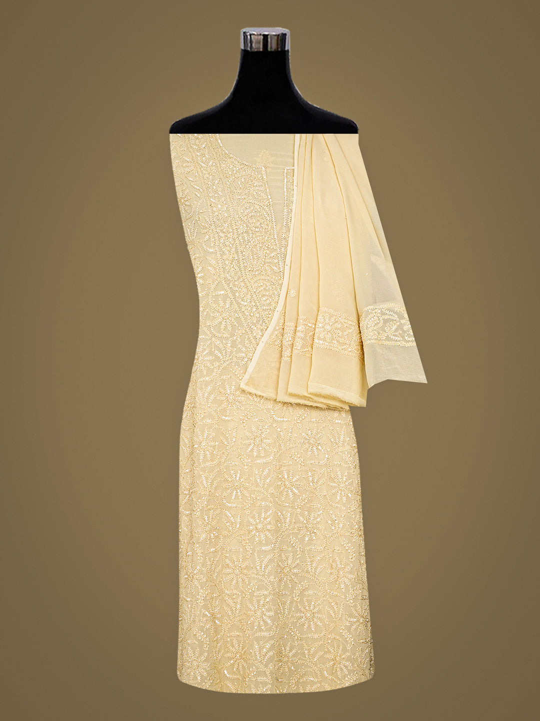 Ada Hand Embroidered Fawn Viscose Georgette Lucknowi Chikankari Unstitched Kurta Dupatta Set With Cutdana Work 01A962637