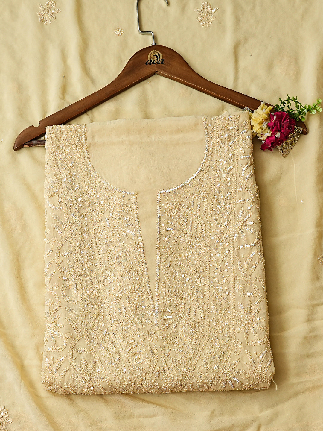Ada Hand Embroidered Fawn Viscose Georgette Lucknowi Chikankari Unstitched Kurta Dupatta Set With Cutdana Work 01A962637