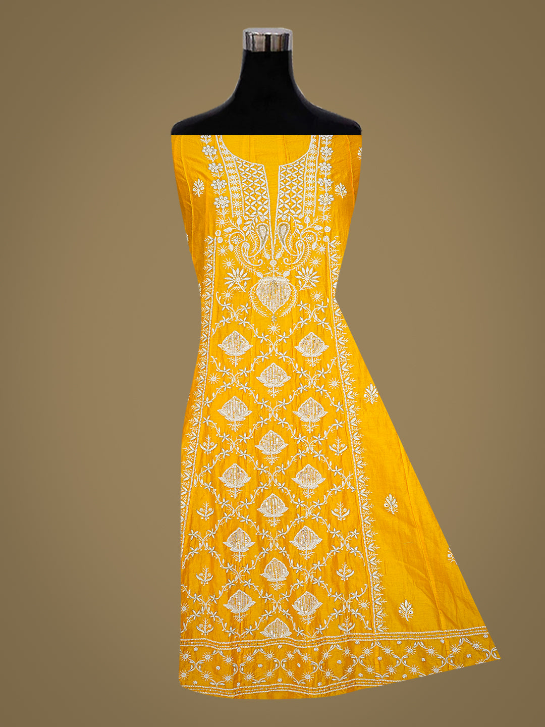 Ada Hand Embroidered Fire Yellow Chanderi Lucknowi Chikankari Semi-Stitched Anarkali Dupatta Set With Zari Work 01A789537