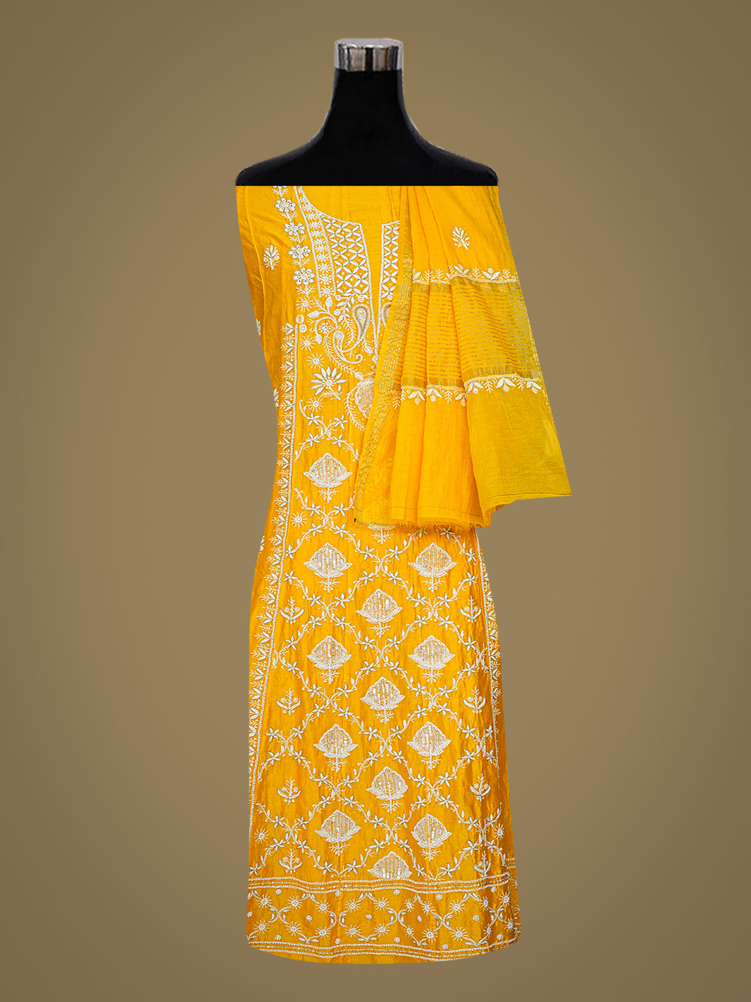 Ada Hand Embroidered Fire Yellow Chanderi Lucknowi Chikankari Semi-Stitched Anarkali Dupatta Set With Zari Work 01A789537
