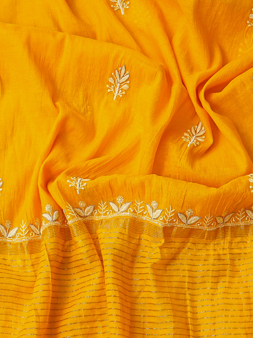 Ada Hand Embroidered Fire Yellow Chanderi Lucknowi Chikankari Semi-Stitched Anarkali Dupatta Set With Zari Work 01A789537