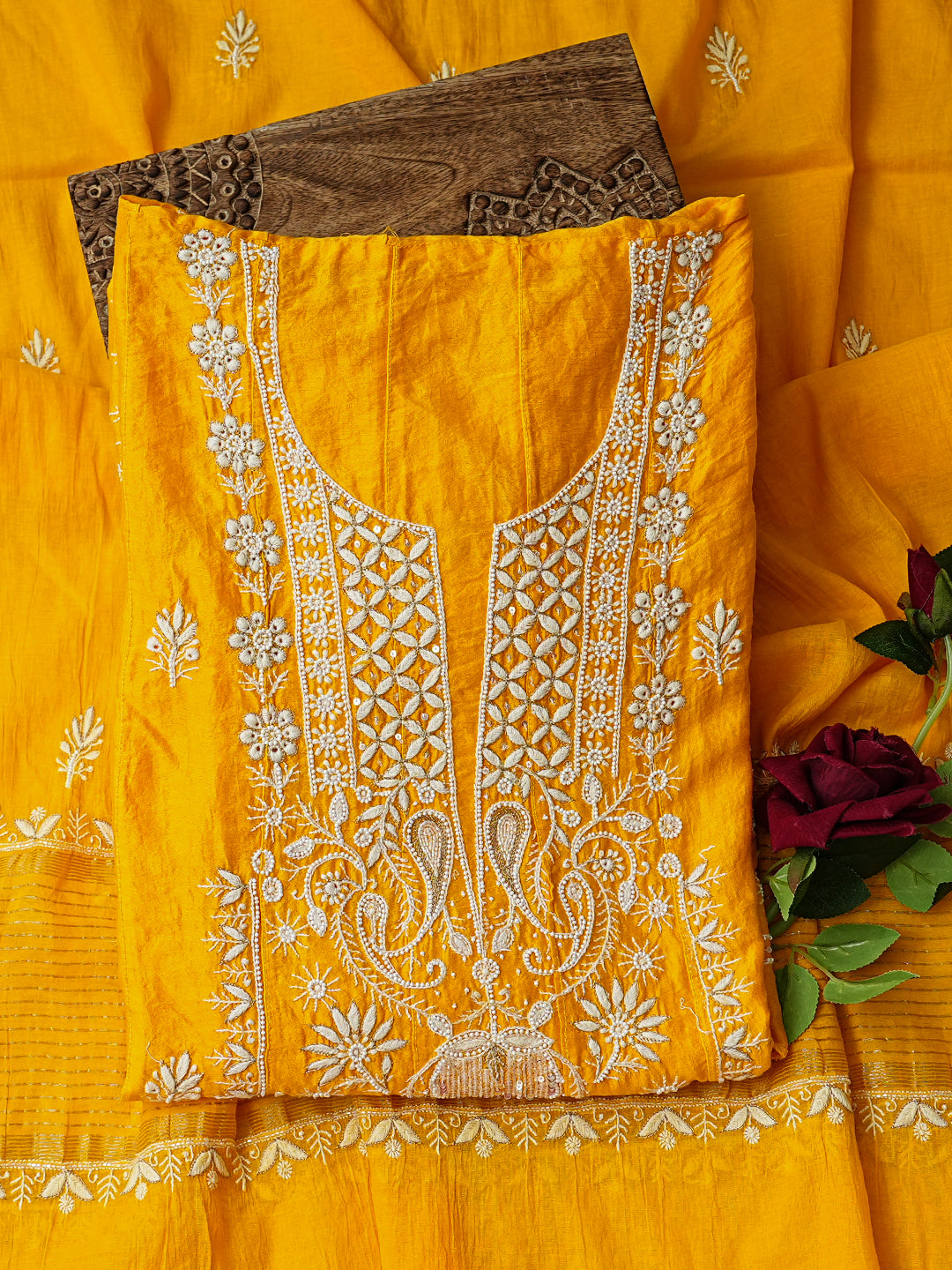 Ada Hand Embroidered Fire Yellow Chanderi Lucknowi Chikankari Semi-Stitched Anarkali Dupatta Set With Zari Work 01A789537