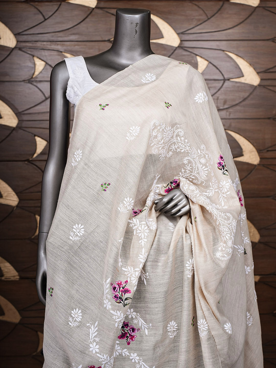 Ada Hand Embroidered Floral Printed Fawn Monga Silk Lucknowi Chikankari Dupatta 01A881938