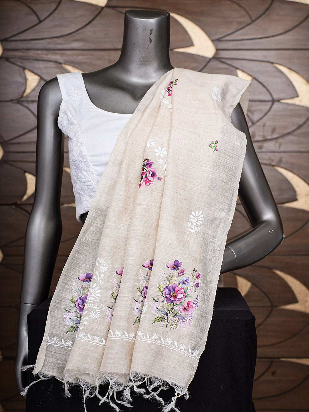 Ada Hand Embroidered Floral Printed Fawn Monga Silk Lucknowi Chikankari Dupatta 01A881938