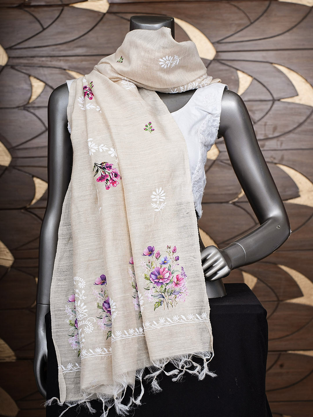 Ada Hand Embroidered Floral Printed Fawn Monga Silk Lucknowi Chikankari Dupatta 01A881938