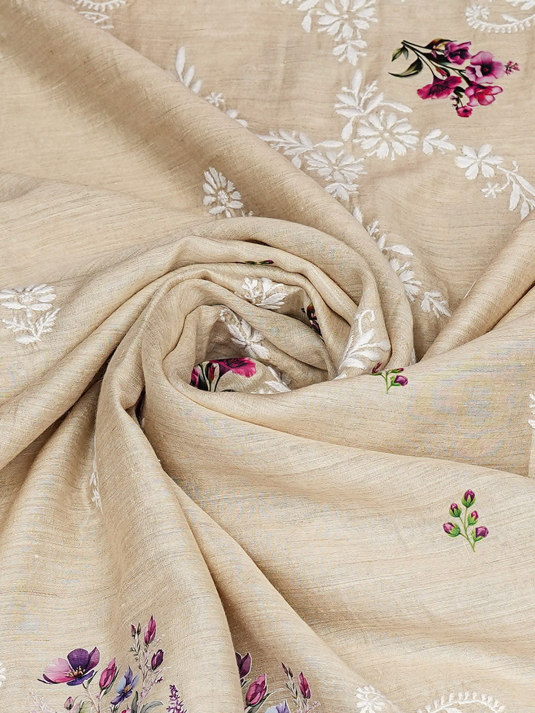 Ada Hand Embroidered Floral Printed Fawn Monga Silk Lucknowi Chikankari Dupatta 01A881938