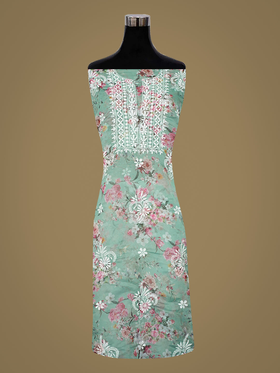 Ada Hand Embroidered Floral Printed Green Organza Lucknowi Chikankari Unstitched Kurta Dupatta Set 01A1017815_3