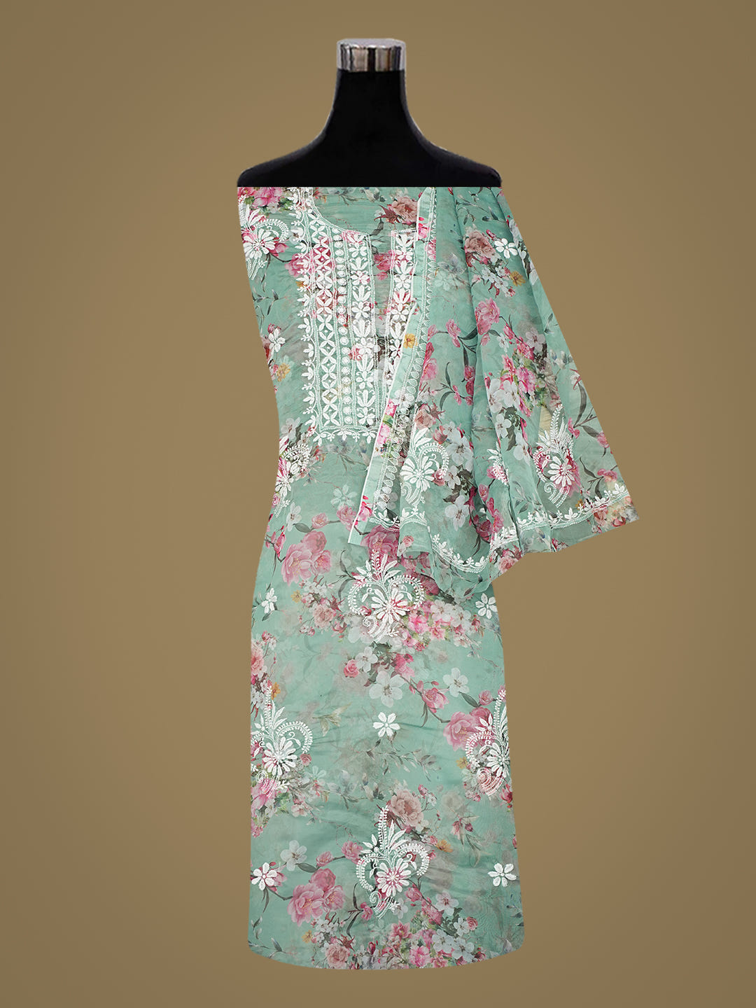 Ada Hand Embroidered Floral Printed Green Organza Lucknowi Chikankari Unstitched Kurta Dupatta Set 01A1017815_2