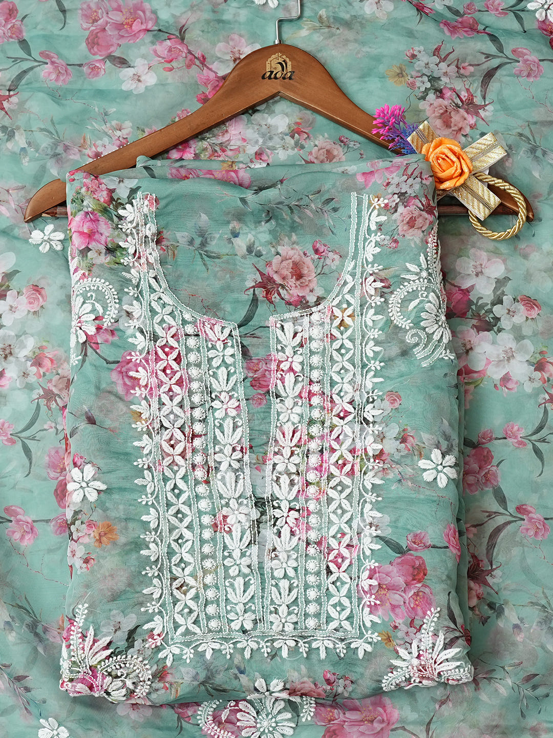 Ada Hand Embroidered Floral Printed Green Organza Lucknowi Chikankari Unstitched Kurta Dupatta Set 01A1017815_1