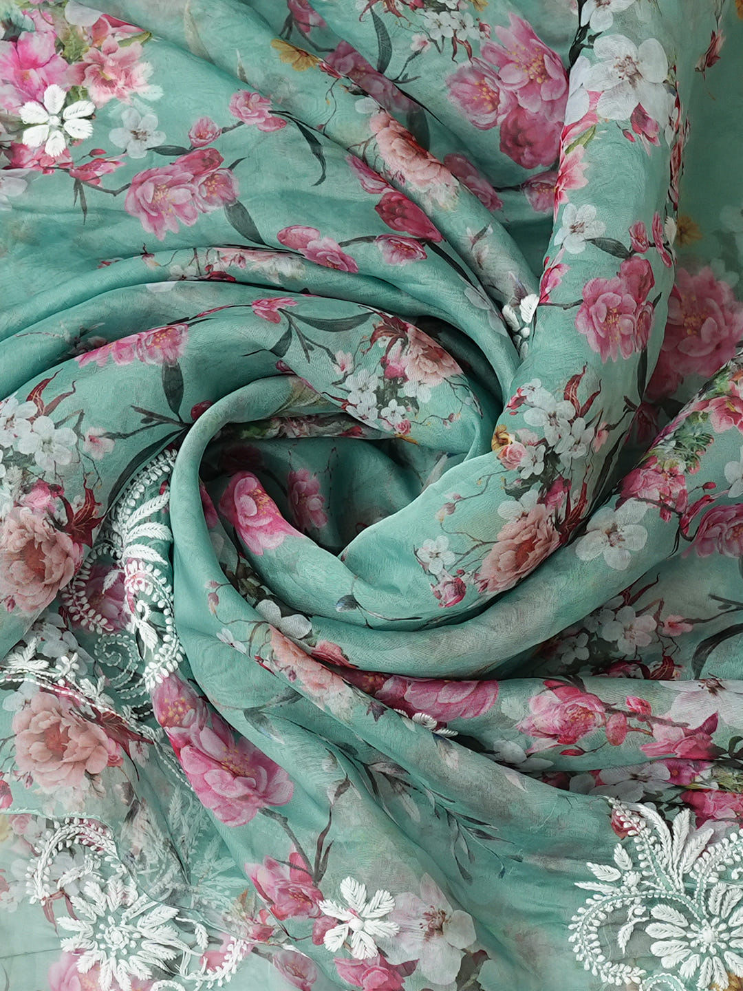 Ada Hand Embroidered Floral Printed Green Organza Lucknowi Chikankari Unstitched Kurta Dupatta Set 01A1017815_5