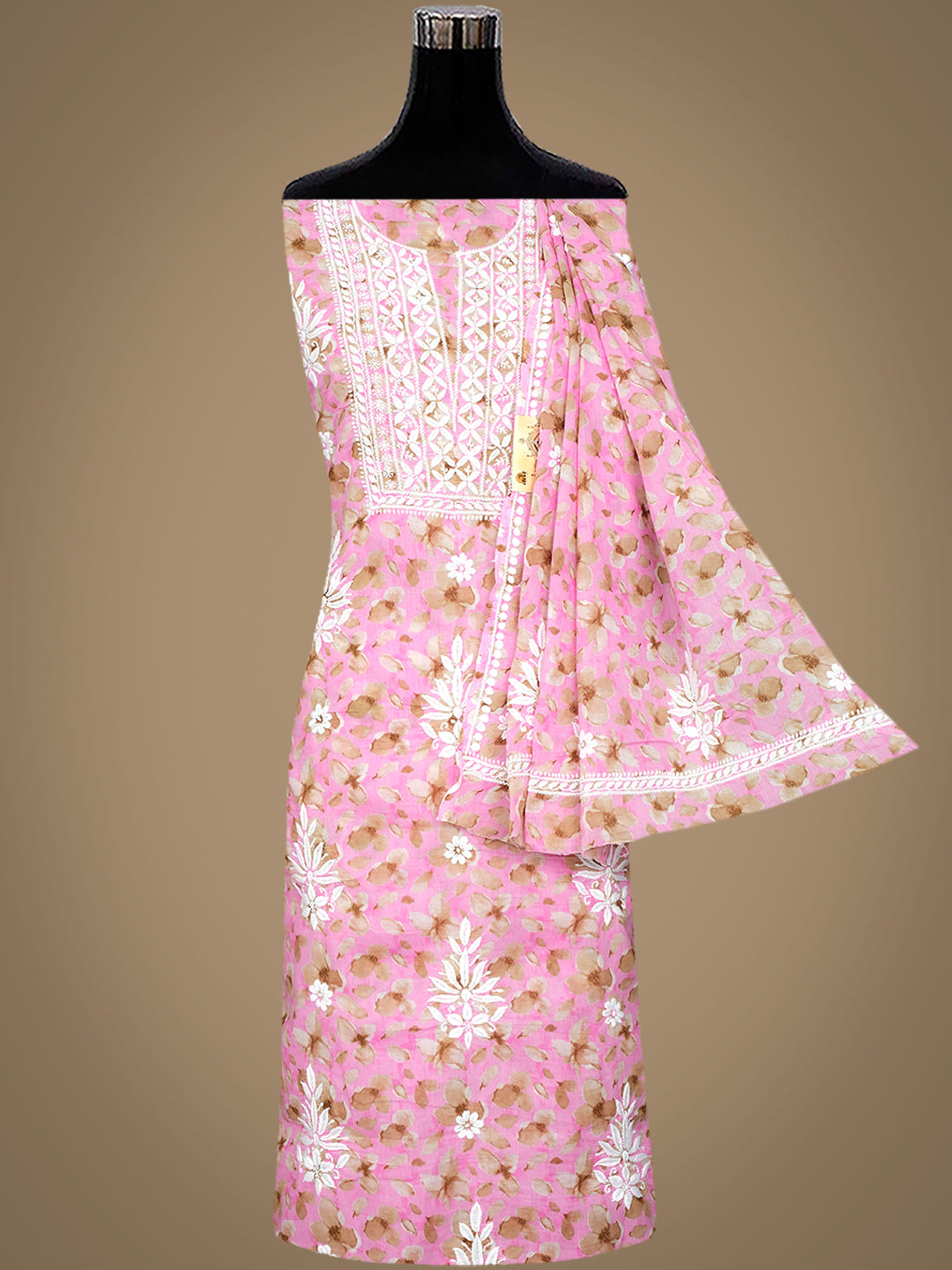 Ada Hand Embroidered Floral Printed Pink Cotton Lucknowi Chikankari Unstitched Kurta Dupatta Set 01A1021616_2