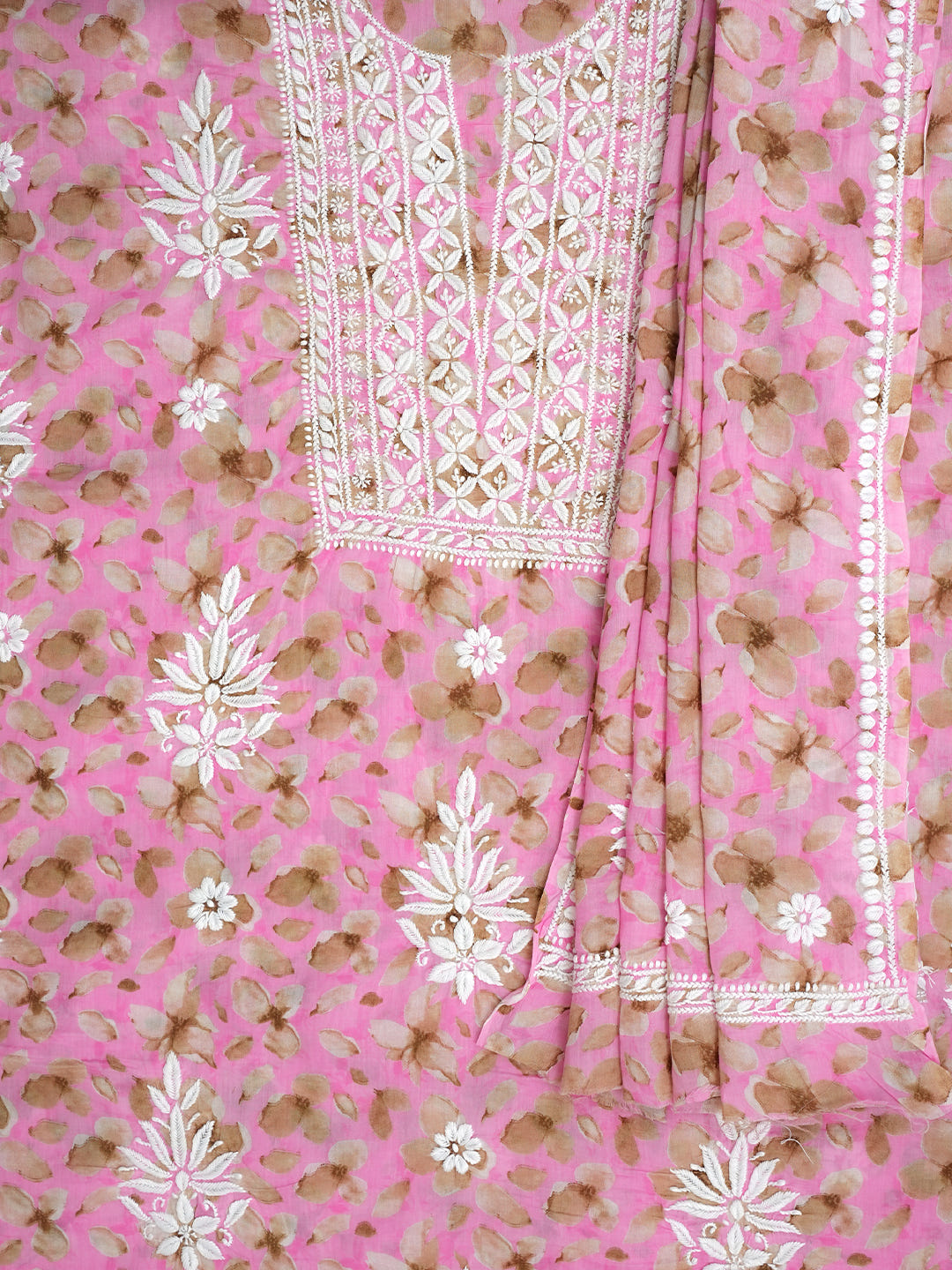 Ada Hand Embroidered Floral Printed Pink Cotton Lucknowi Chikankari Unstitched Kurta Dupatta Set 01A1021616_4