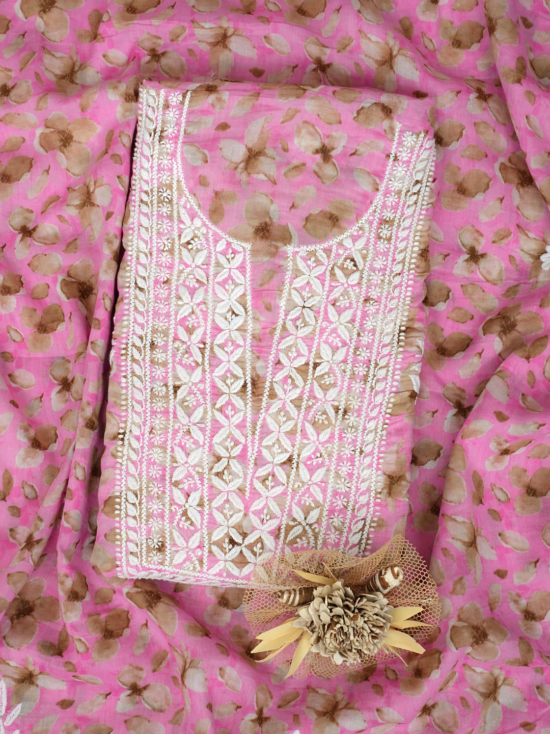 Ada Hand Embroidered Floral Printed Pink Cotton Lucknowi Chikankari Unstitched Kurta Dupatta Set 01A1021616_1