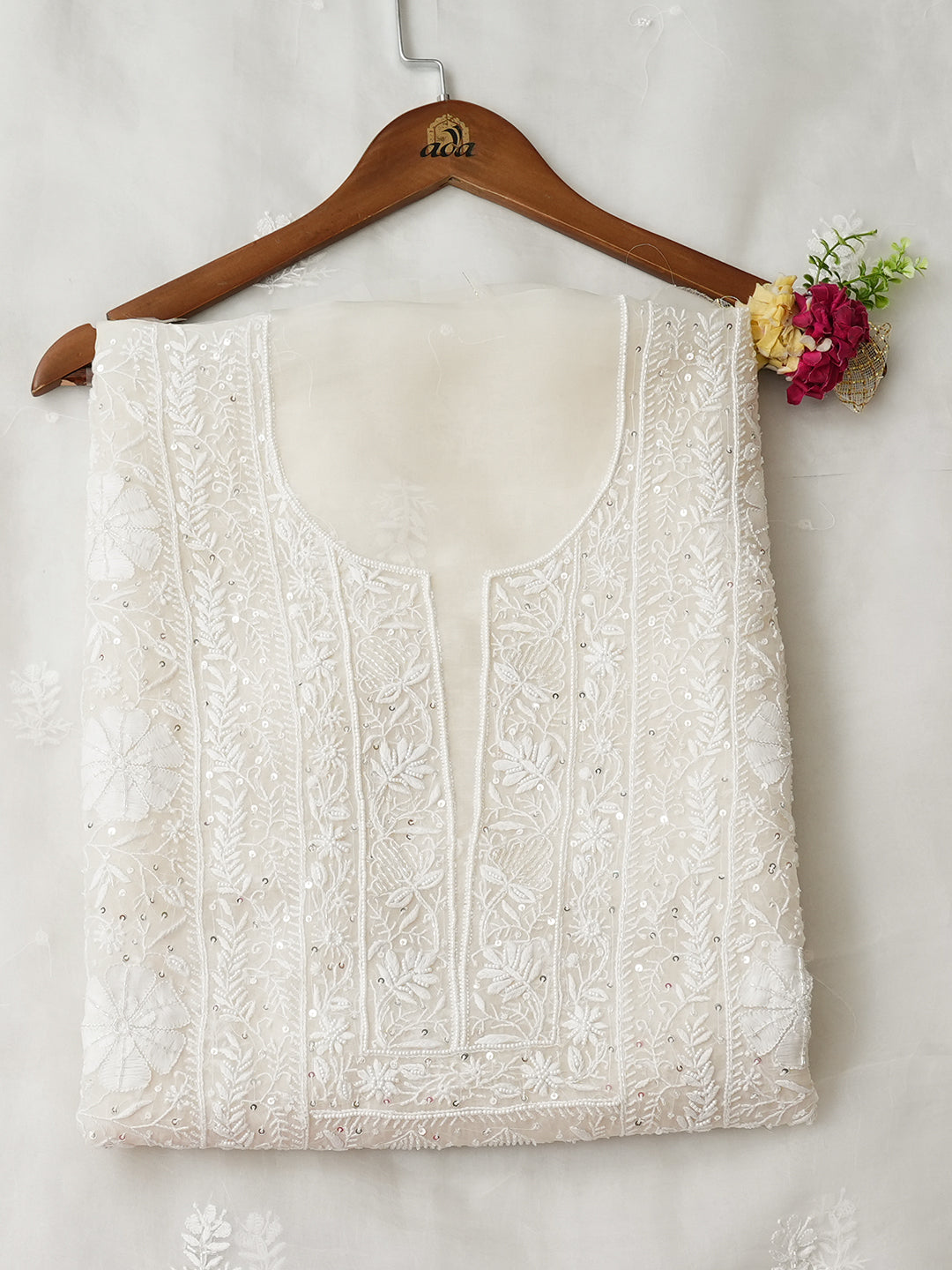 Ada Hand Embroidered Floral White Organza Lucknowi Chikankari Unstitched Kurta Dupatta Set With Sequinned Work 01A908319